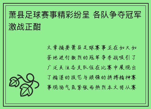 萧县足球赛事精彩纷呈 各队争夺冠军激战正酣