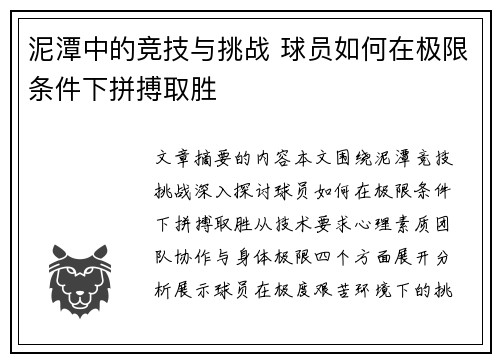 泥潭中的竞技与挑战 球员如何在极限条件下拼搏取胜