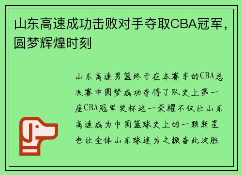 山东高速成功击败对手夺取CBA冠军，圆梦辉煌时刻